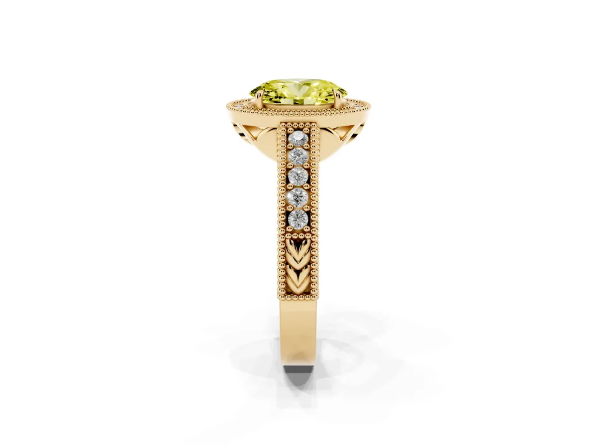 Fancy Yellow Oval Cut Cut Halo Diamond Ring with Pavé Band and Four-Prong Setting Yellow gold