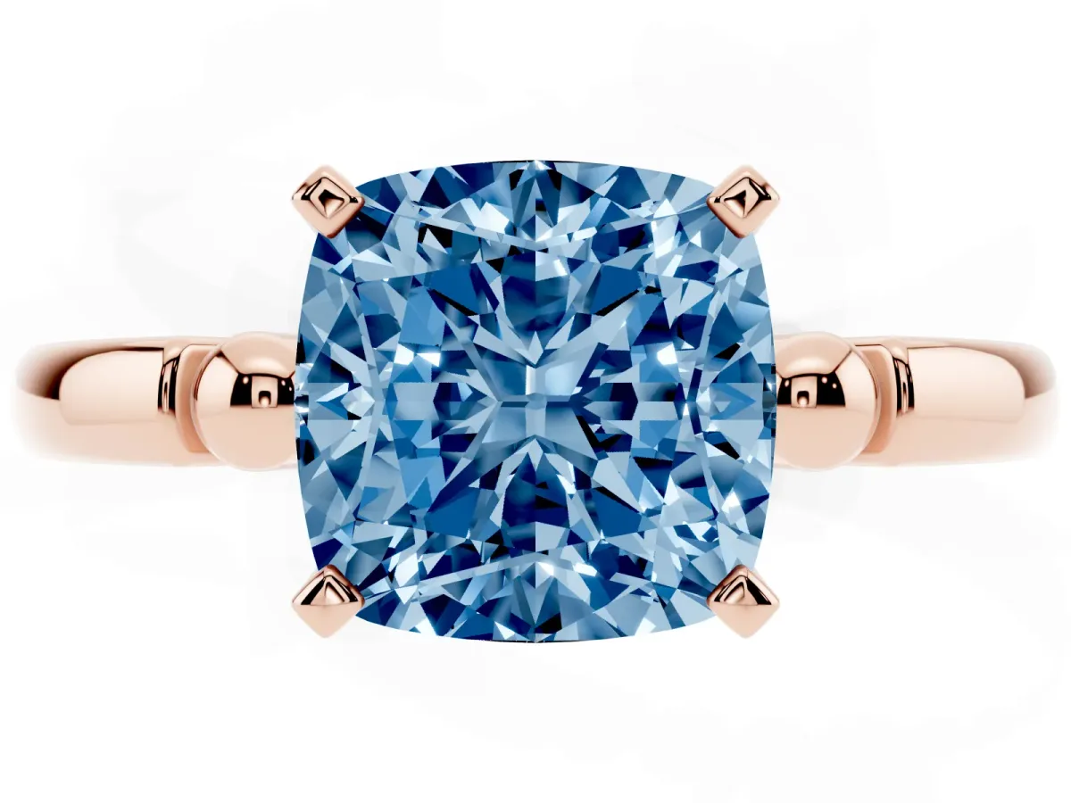 Fancy Blue Cushion Cut Solitaire Beaded Band with Four-Prong Setting Rose gold