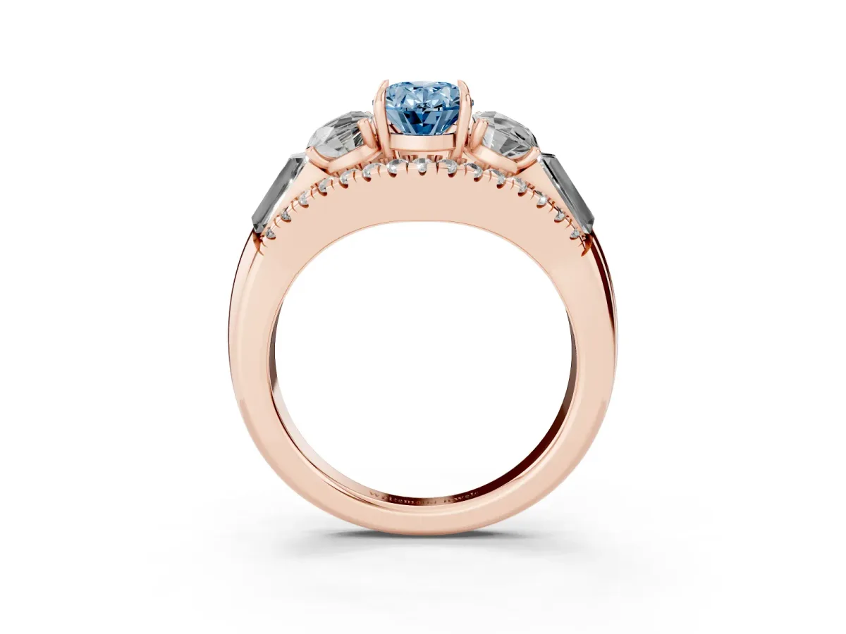 Fancy Blue Three-Stone Oval Cut Diamond Engagement Ring with Pave Band and Prong Setting Rose gold