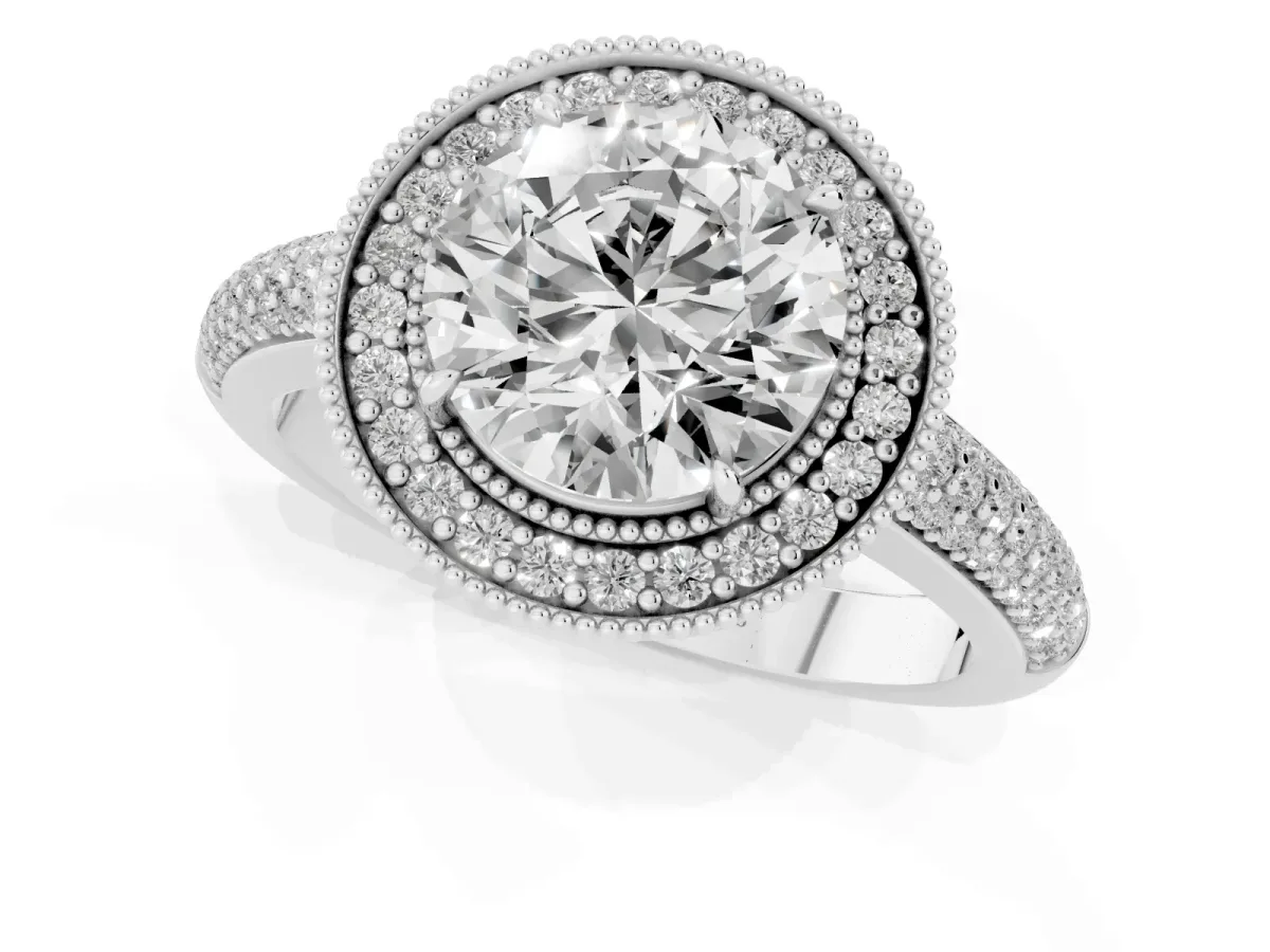 Round Cut Cut Halo Diamond Pave Band with Four-Prong Setting Silver