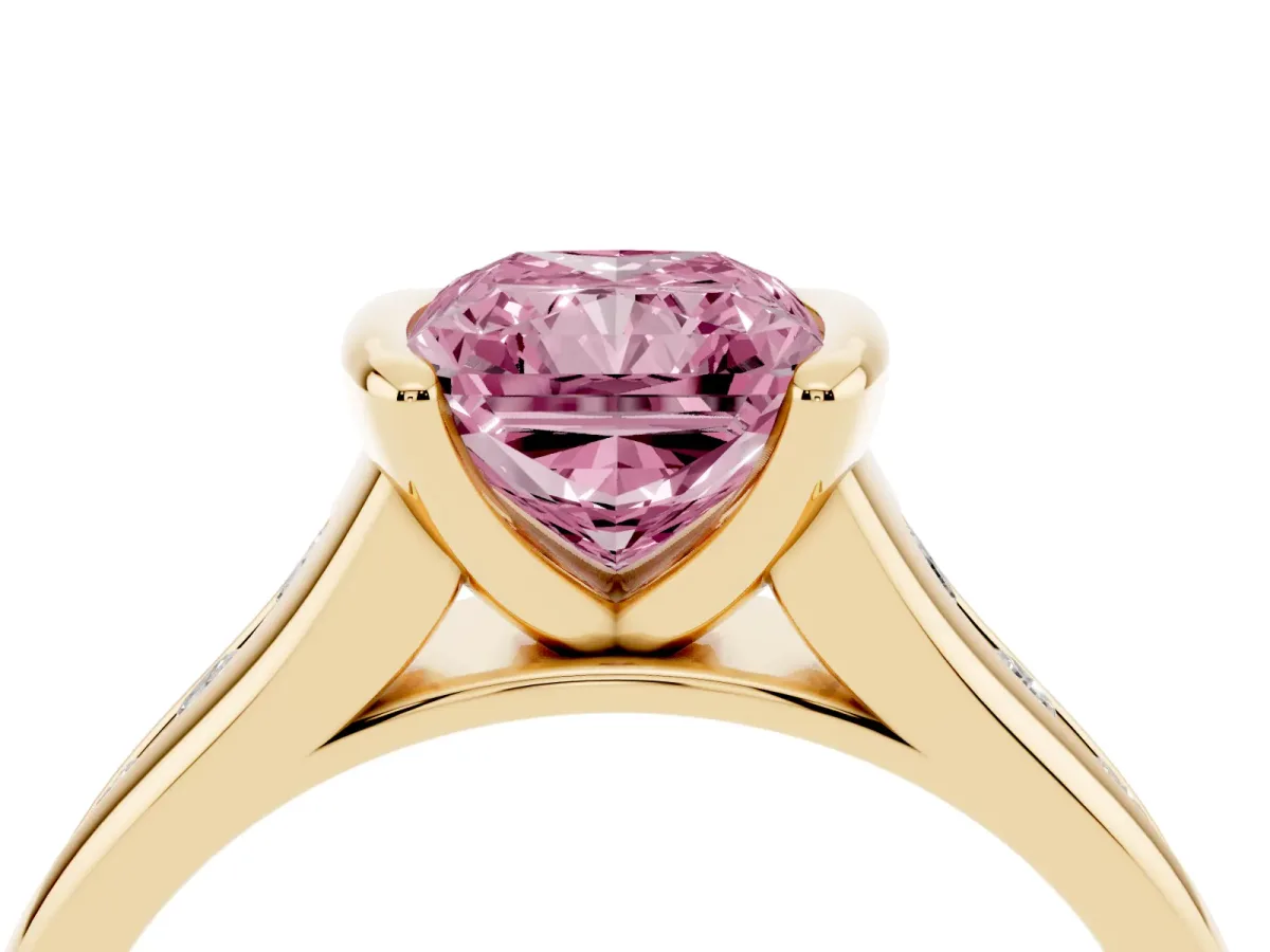 Fancy Pink Radiant Cut Solitaire Bezel-Set Diamond Ring with Channel-Set Band Yellow gold