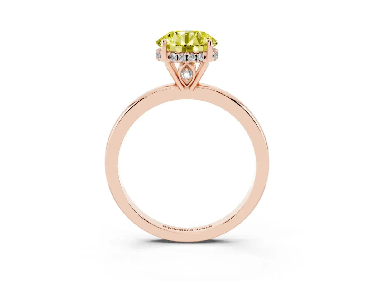 Fancy Yellow Round Cut Solitaire Diamond Ring with Prong Setting and Plain Band Rose gold