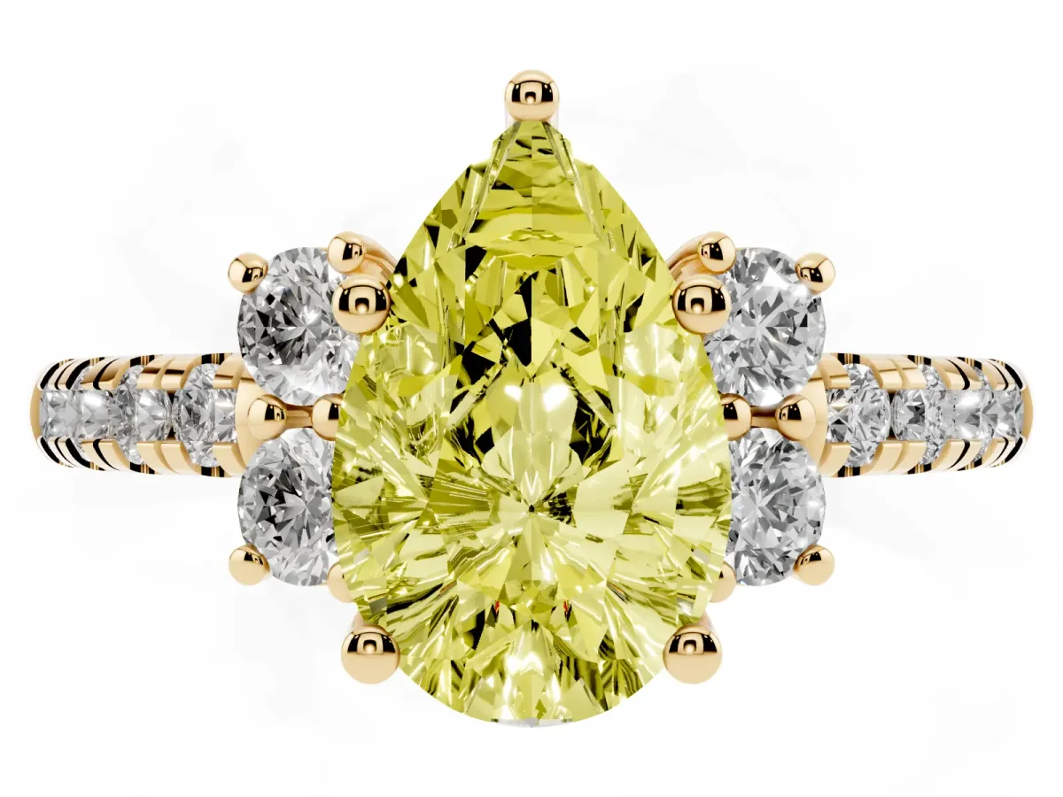 Fancy Yellow Pear Cut Diamond Three-Stone Pave Band with Four-Prong Setting Yellow gold