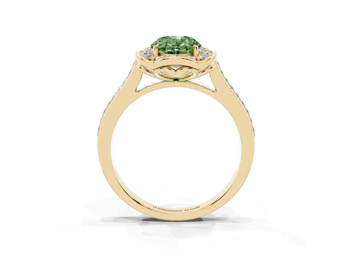 Fancy Green Oval Cut Halo Round Diamond Pave Band with Four-Prong Setting Yellow gold