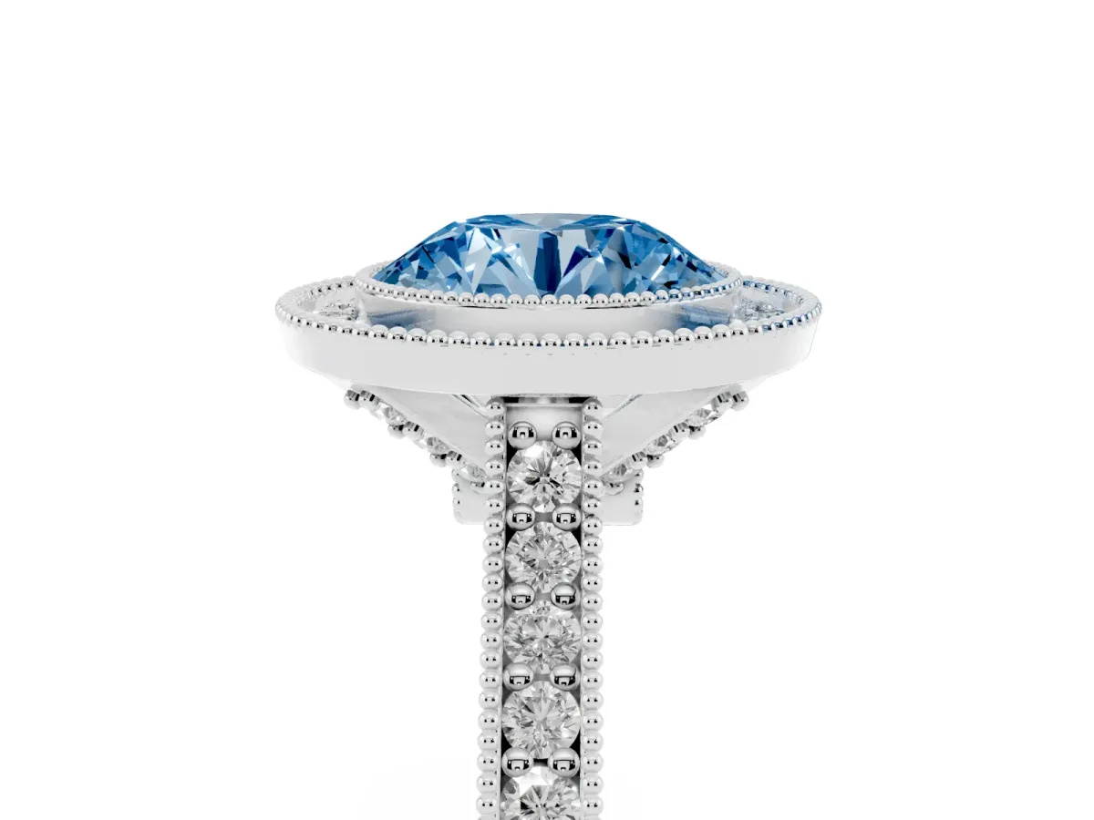 Fancy Blue Halo Round Cut-Cut Diamond Pave Band Milgrain Prong Setting Ring Silver