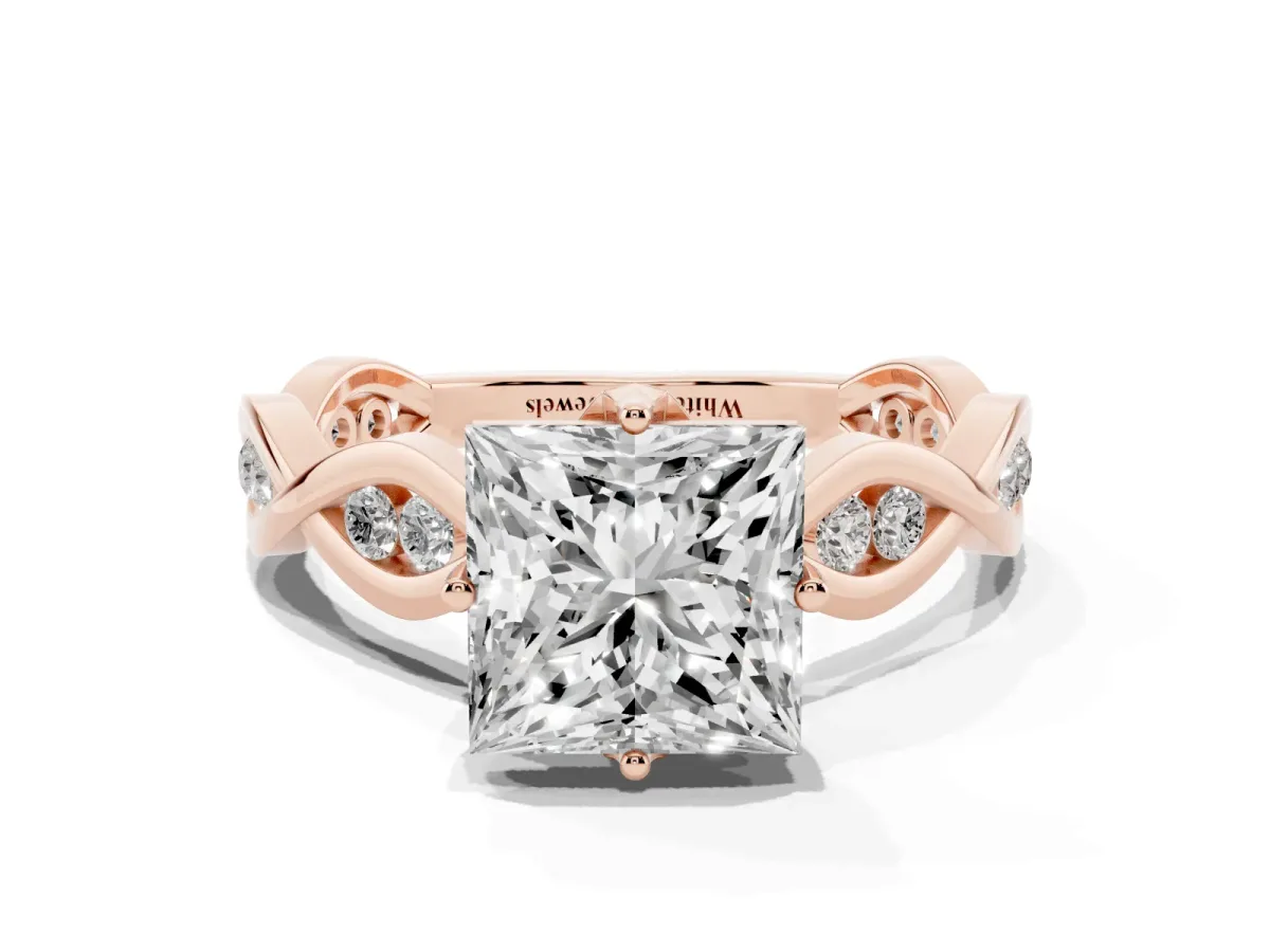 Princess Cut Solitaire Twist Band with Leaf Prong Setting Rose gold