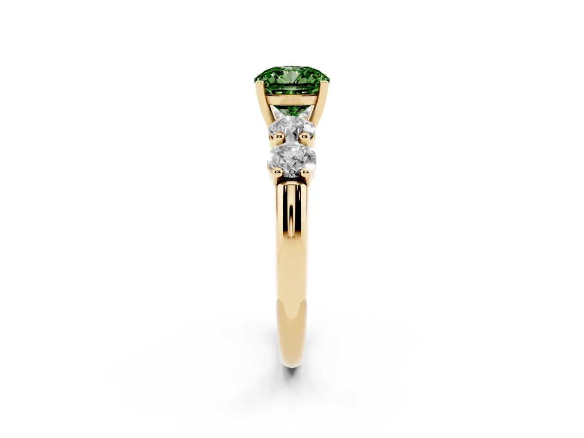 Fancy Green Cushion Cut Cut Five-Stone Prong Set Diamond Ring with Classic Band Yellow gold