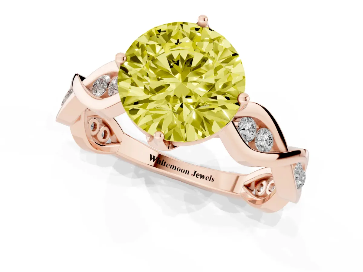 Fancy Yellow Round Cut Solitaire Twist Band with Leaf Prong Setting Rose gold