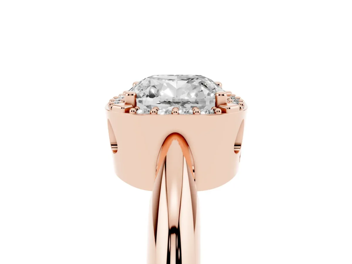 Cushion Cut Cut Diamond Halo Engagement Ring with Split Shank and Four-Prong Setting Rose gold