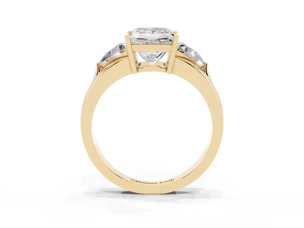 Three-Stone Princess Cut Cut Diamond Ring with Trillion Side Stones on a Split Shank Band Yellow gold