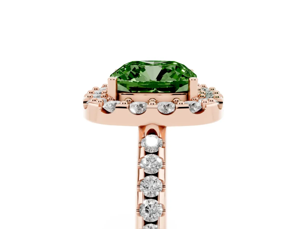 Fancy Green Cushion Cut Diamond Pavé Halo Ring with Four-Prong Setting Rose gold