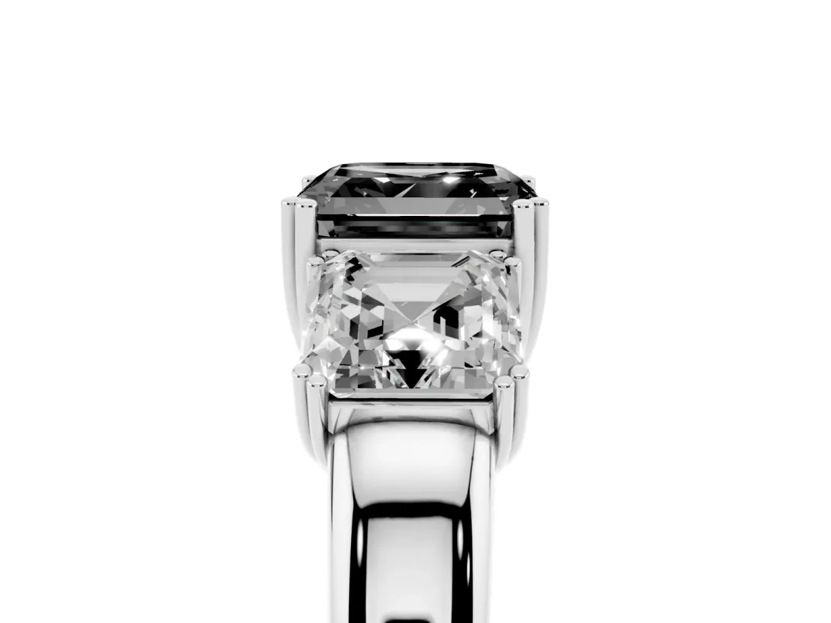 Fancy Black Three-Stone Asscher Cut Cut Diamond Ring with Channel Set Band and Four-Prong Setting Platinum
