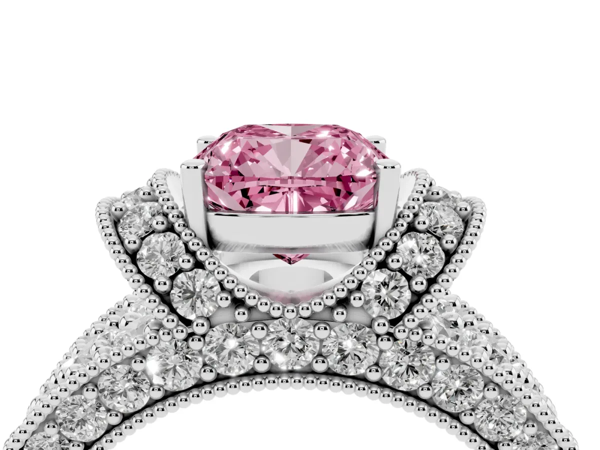 Fancy Pink Cushion Cut Halo Pave Diamond Engagement Ring with Milgrain Detailing Silver