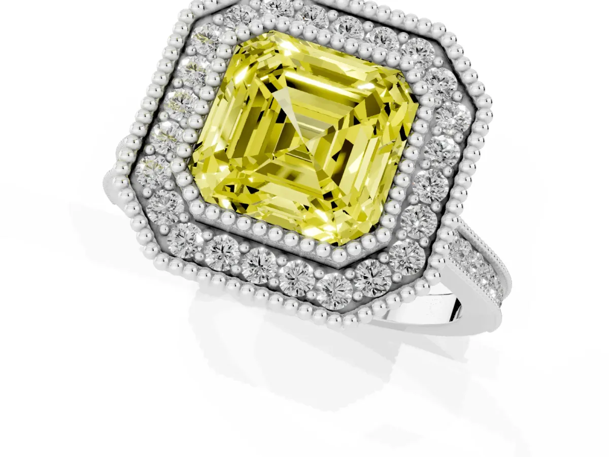 Fancy Yellow Asscher Cut Diamond Halo Ring with Milgrain Frame and Pavé Band White gold