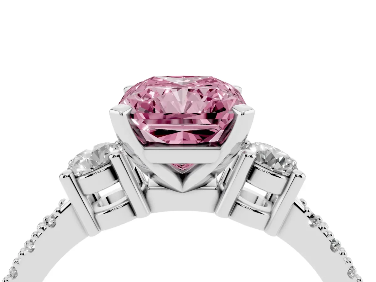 Fancy Pink Radiant Cut Three-Stone Diamond Pavé Band with Prong Setting Platinum