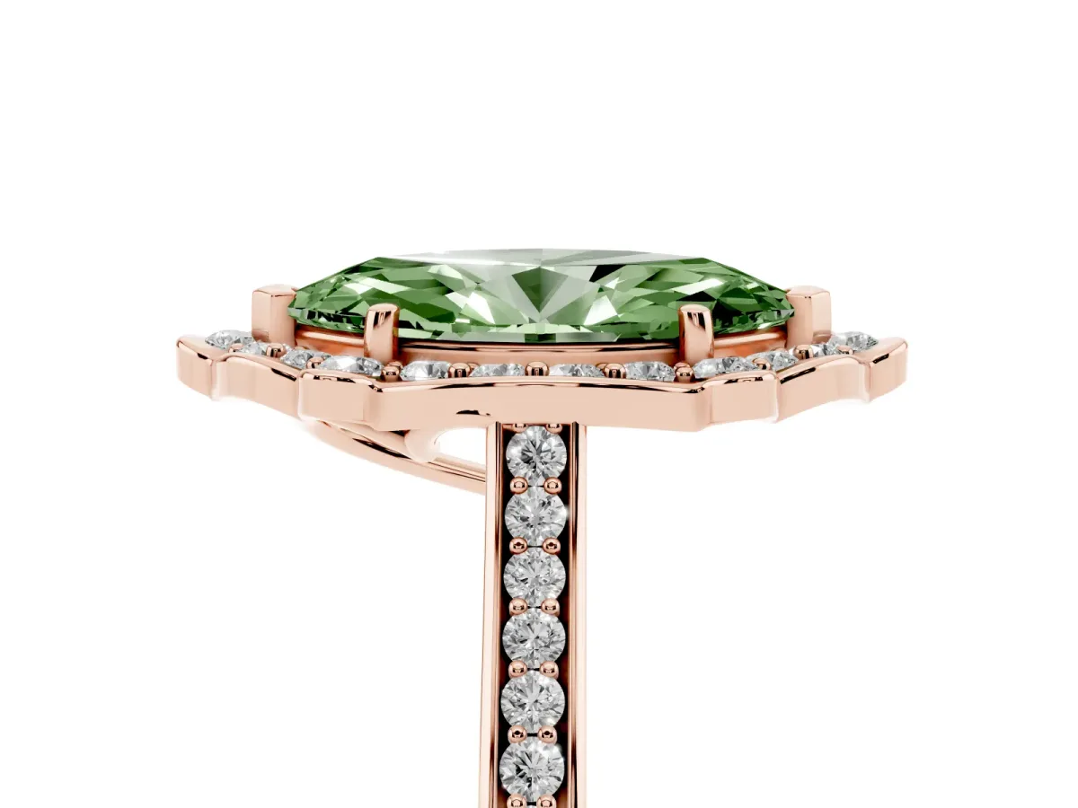 Fancy Green Marquise Cut Halo Round Diamond Pave Band with Four-Prong Setting Rose gold