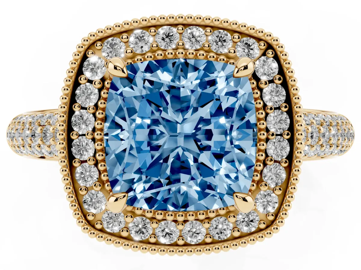 Fancy Blue Cushion Cut Cut Halo Diamond Pave Band with Four-Prong Setting Yellow gold