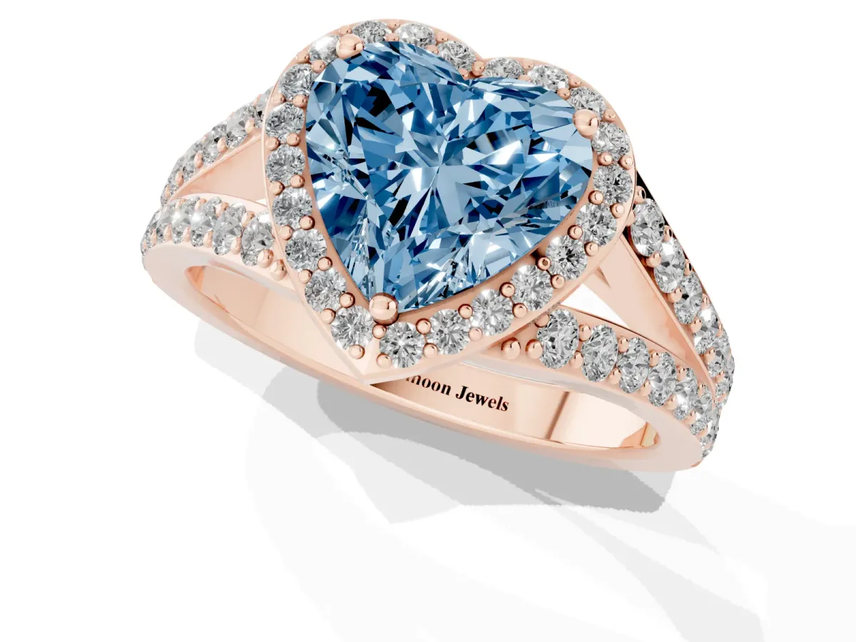 Fancy Blue Heart Cut Diamond Split Shank Halo Ring with Four-Prong Setting Rose gold