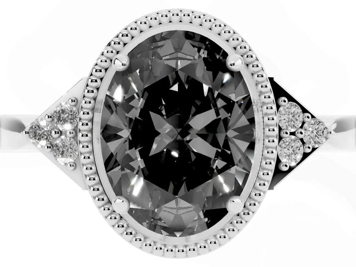 Fancy Black Hexagonal Halo Oval Cut Diamond Solitaire with Pavé Band and Four-Prong Setting Silver
