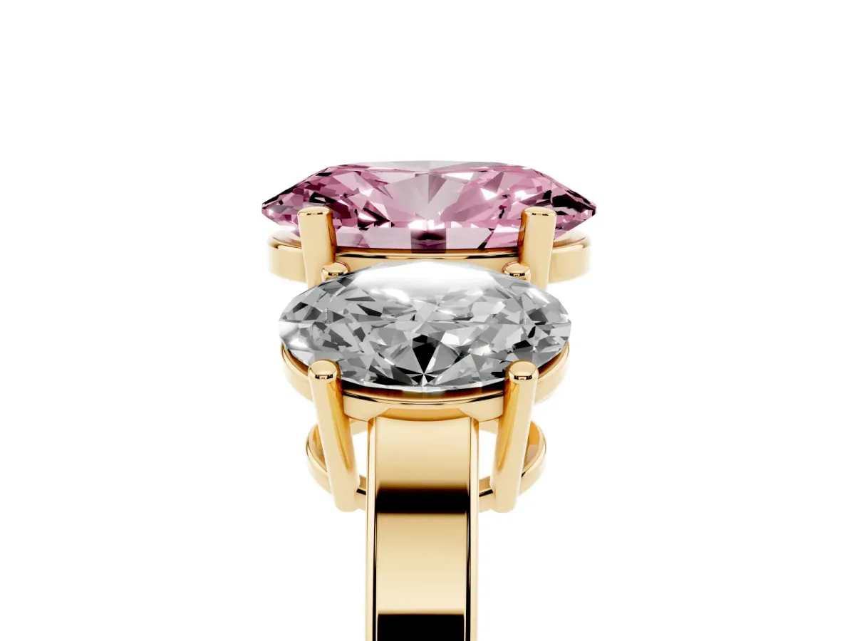Fancy Pink Three-Stone Oval Cut Cut Diamond Engagement Ring with Flat Band and Four-Prong Setting Yellow gold
