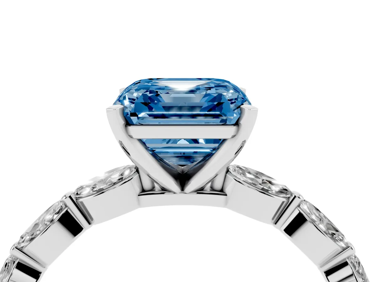 Fancy Blue Asscher Cut Diamond Ring with Marquise Side Stones and Prong Setting Silver
