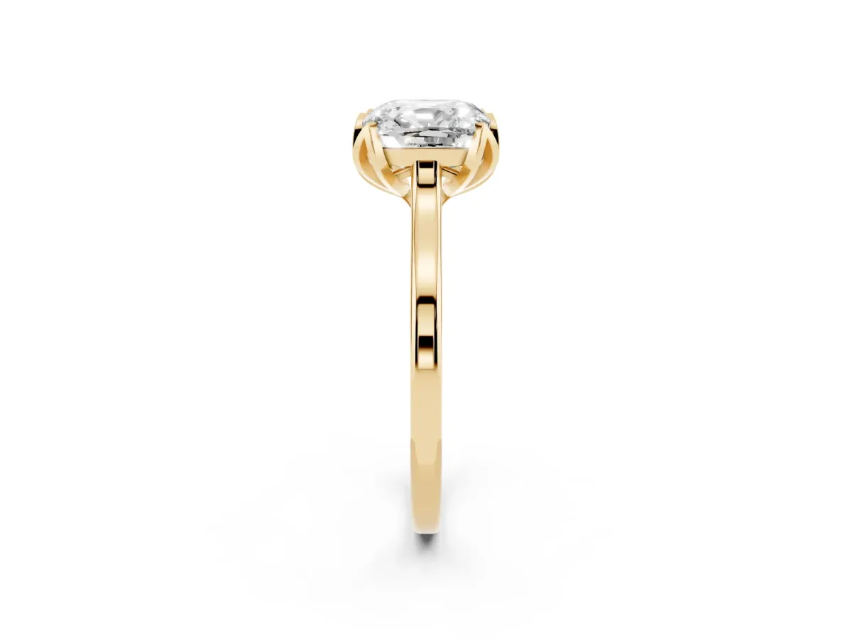 Cushion Cut Diamond Solitaire Ring with Flower Prong Setting and Classic Band Yellow gold