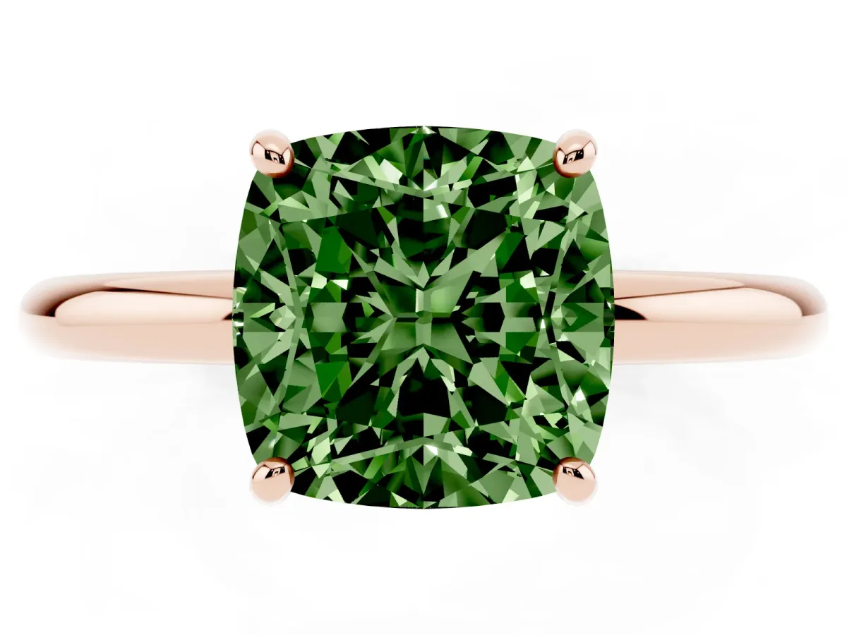 Fancy Green Cushion Cut Solitaire Diamond Ring with Four-Prong Setting on a Plain Band Rose gold