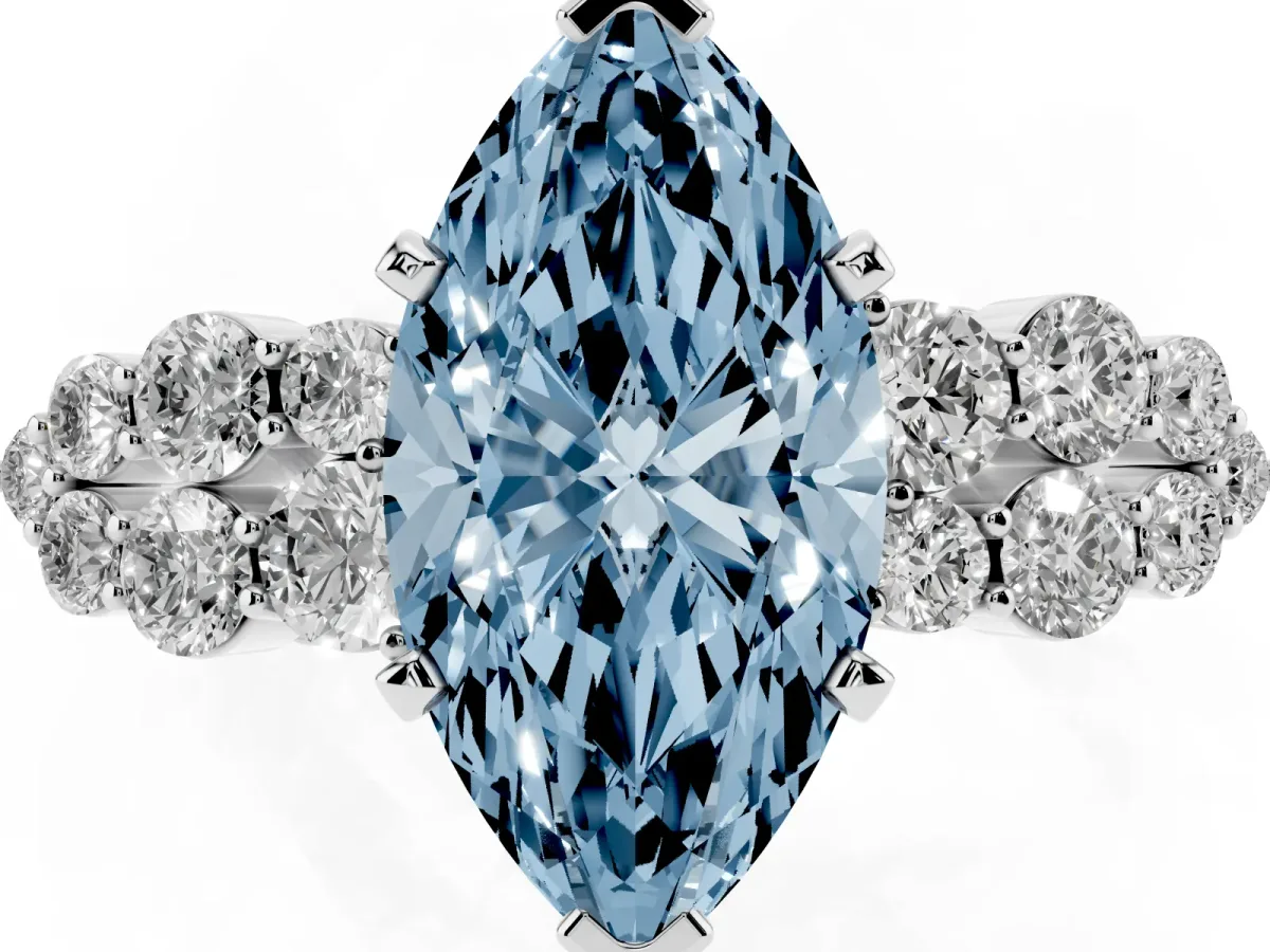 Fancy Blue Marquise Cut Cluster Diamond Engagement Ring with Pavé Band and Four-Prong Setting Silver