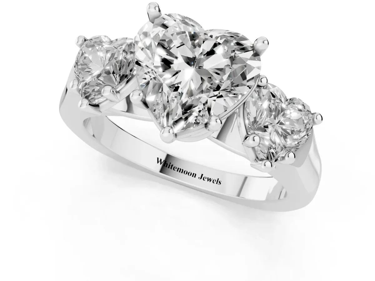 Three-Stone Heart Cut Brilliant Diamond Trellis Ring with Comfort Fit Band White gold