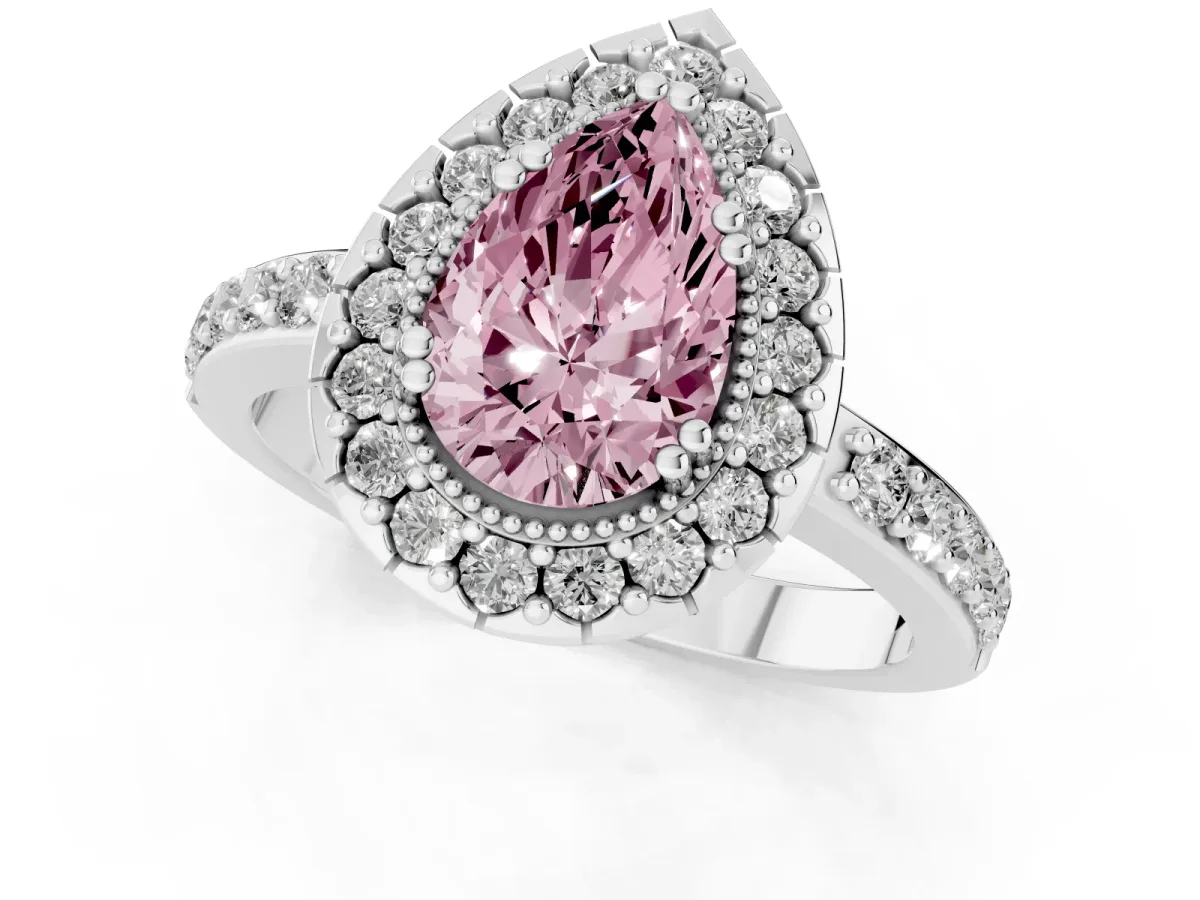 Fancy Pink Pear Cut Diamond Halo Ring with Pavé Band and Prong Setting Platinum