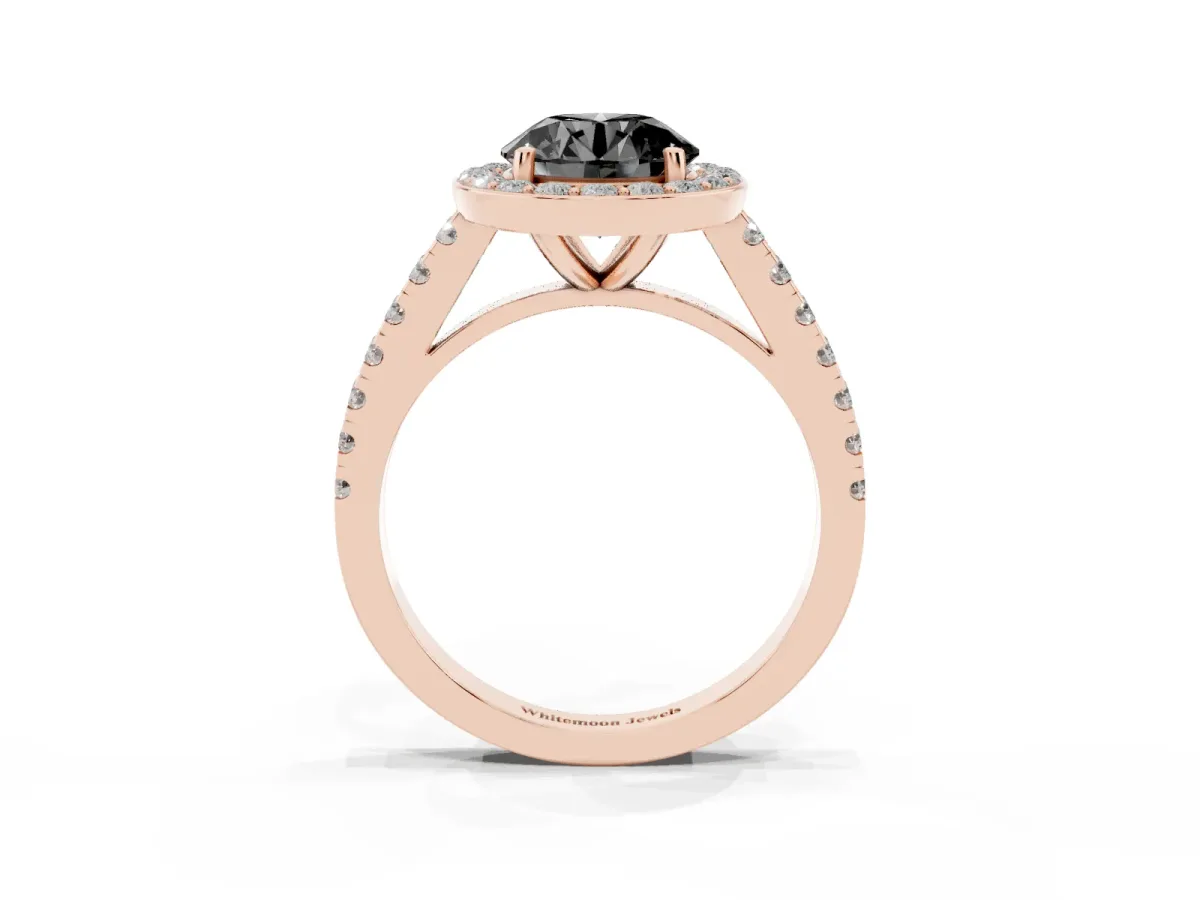 Fancy Black Round Cut Diamond Halo Ring with Round Pavé Split Shank and Prong Setting Rose gold