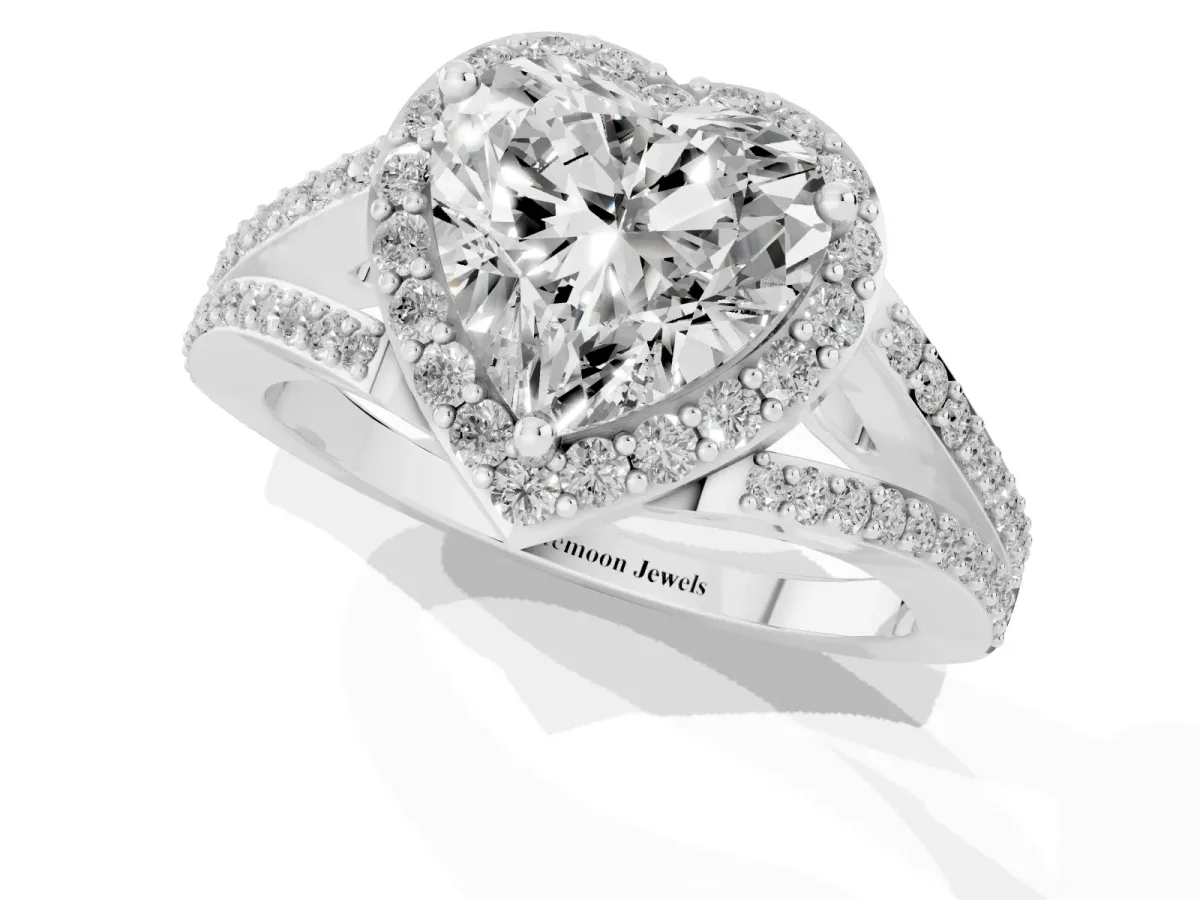Heart Cut Halo Split Shank Pave Diamond Ring with Four-Prong Setting Silver