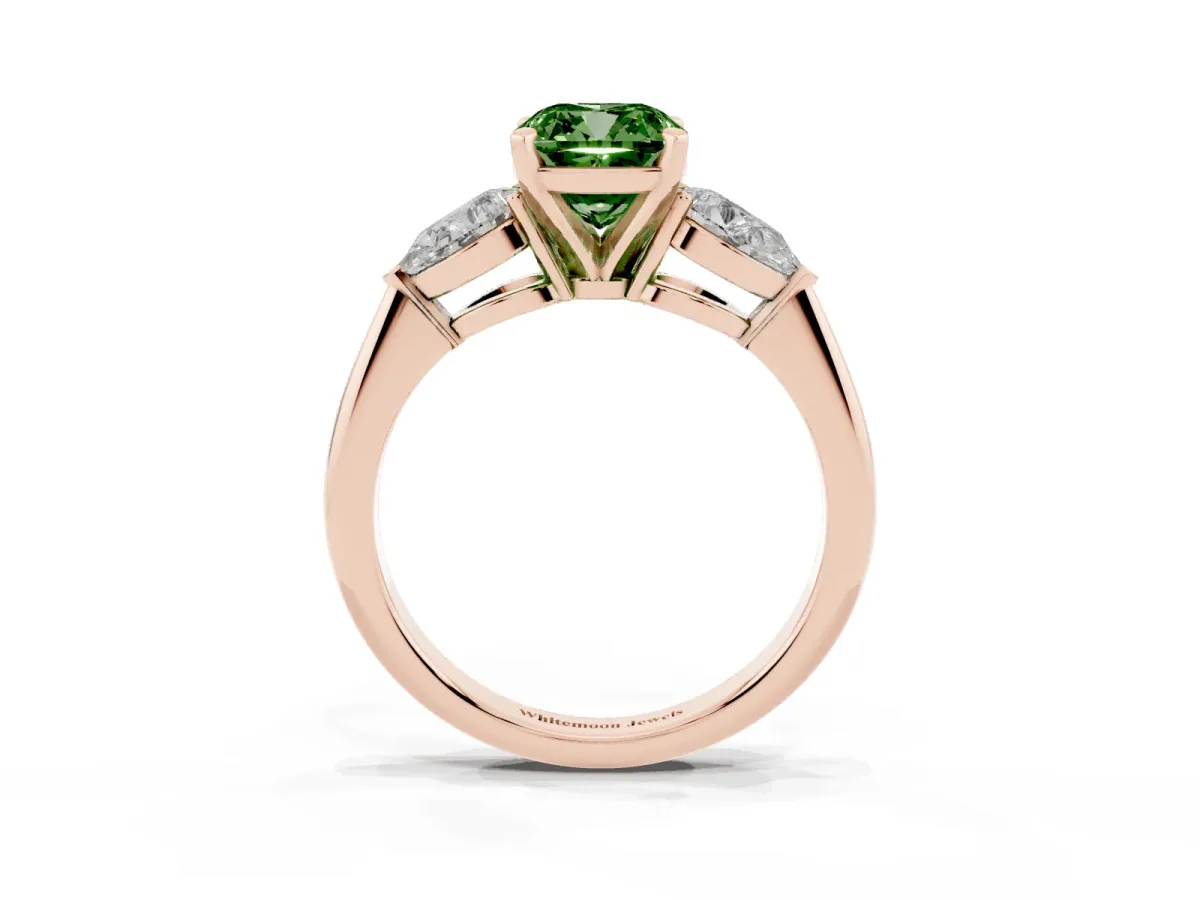 Fancy Green Three-Stone Cushion Cut Diamond Ring with Pear Side Stones and Four-Prong Setting Rose gold