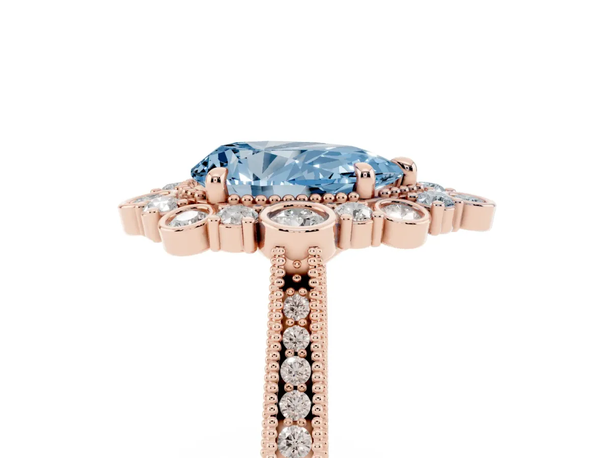 Fancy Blue Pear Cut Halo Milgrain Pave Diamond Ring with Four-Prong Setting Rose gold
