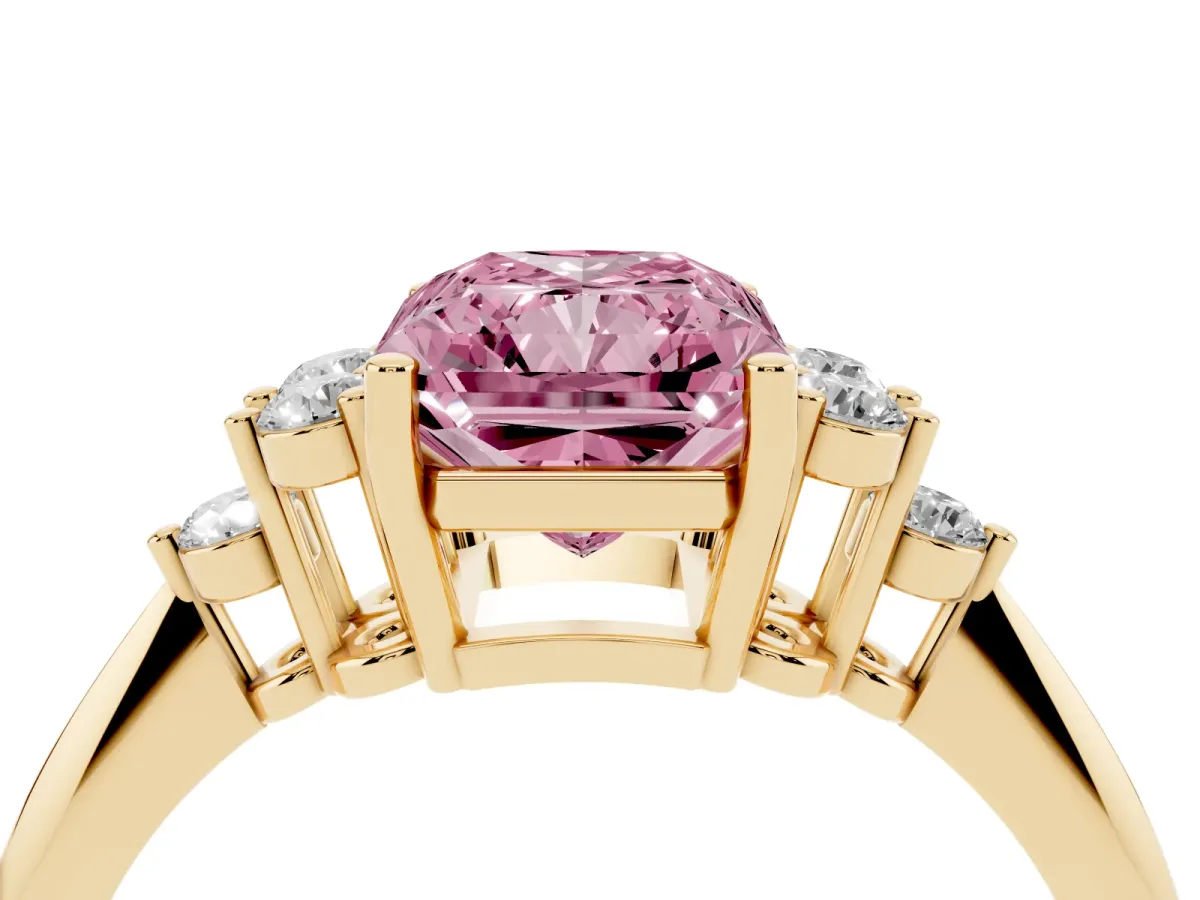 Fancy Pink Radiant Cut Cut Diamond Cluster Ring with Solitaire Band and Four-Prong Setting Yellow gold