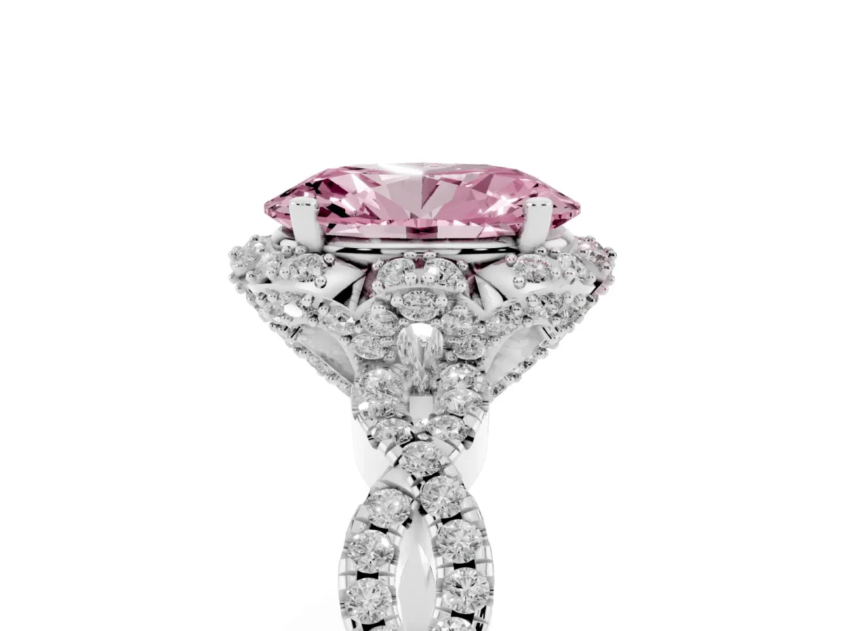 Fancy Pink Oval Cut Halo Twist Band Solitaire Ring with Six-Prong Setting Silver