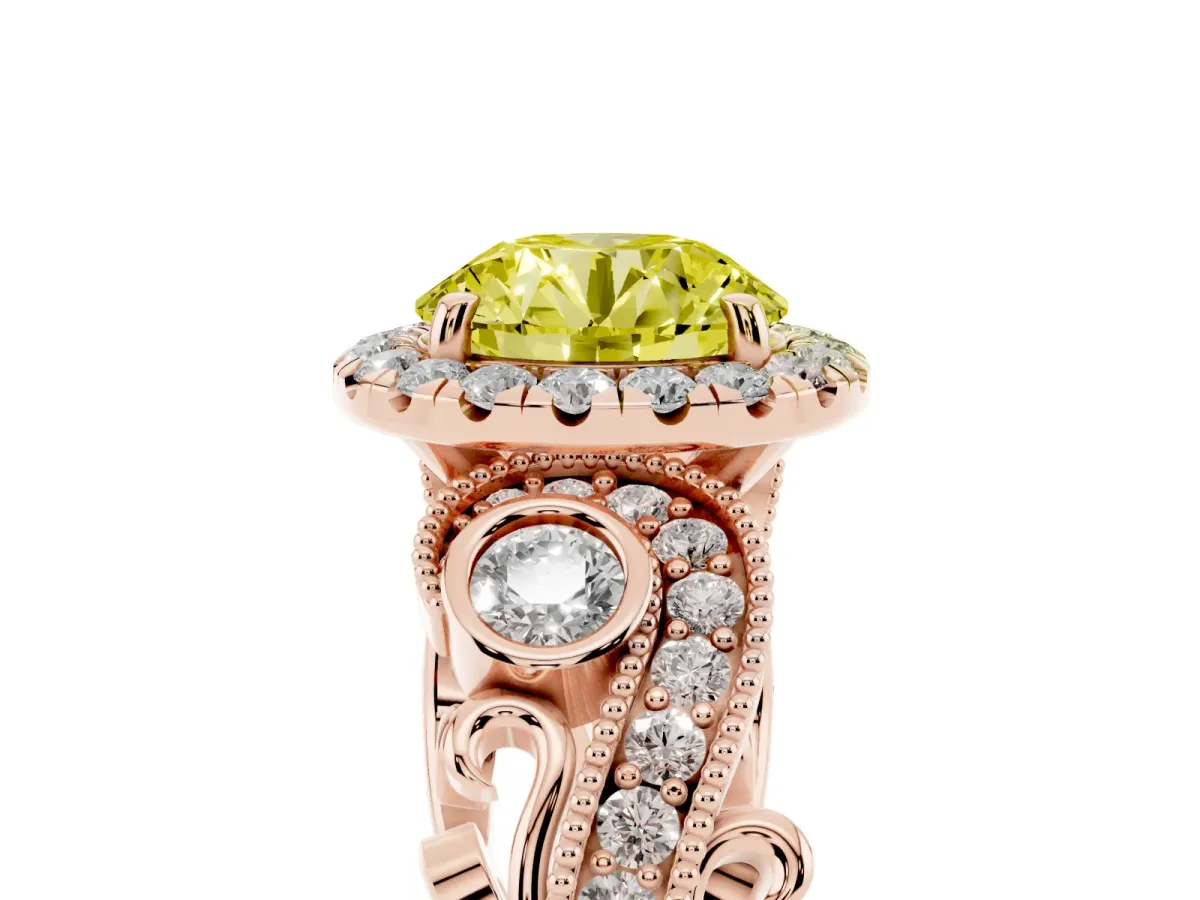 Fancy Yellow Round Cut Halo Diamond Ring with Milgrain and Bezel Accents on a Split Shank Band Rose gold