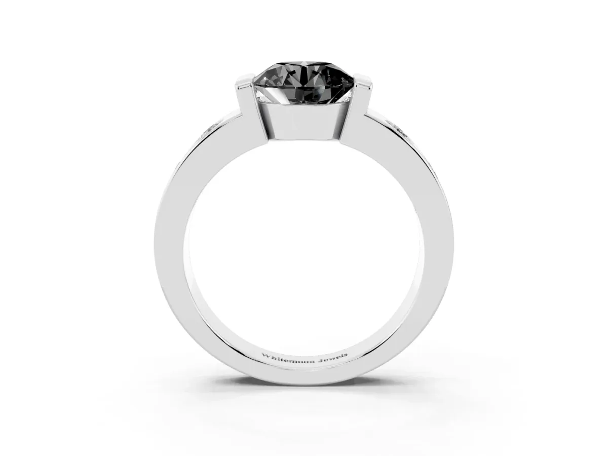 Fancy Black Round Cut Brilliant Channel-Set Diamond Ring with Bezel Prong Setting Platinum