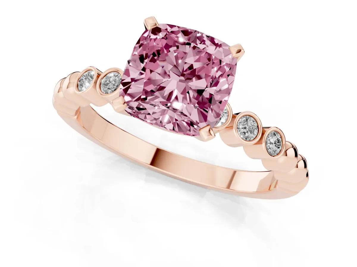 Fancy Pink Cushion Cut Solitaire Bezel Accent Diamond Engagement Ring with Beaded Band and Four-Prong Setting Rose gold
