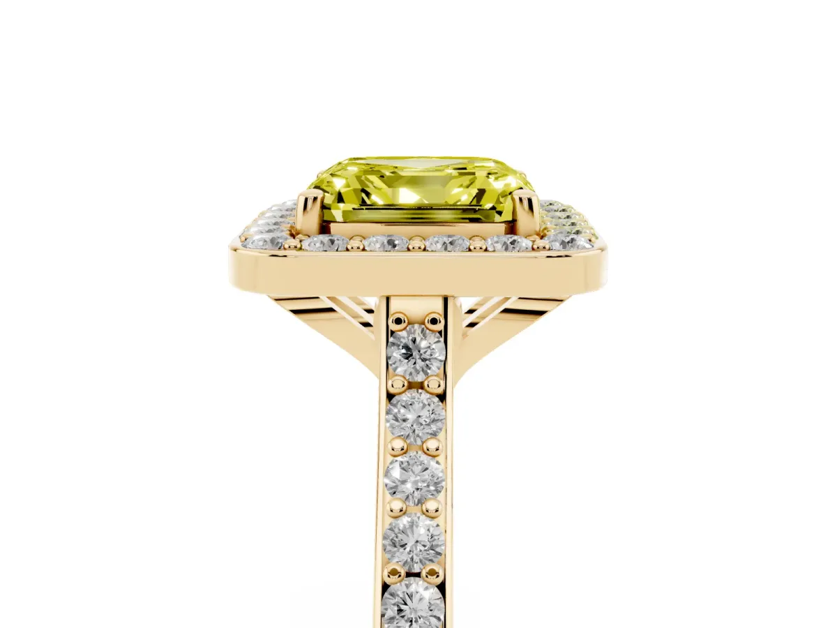 Fancy Yellow Asscher Cut Diamond Halo Engagement Ring with Round Pavé Shoulders and Prong Setting Yellow gold