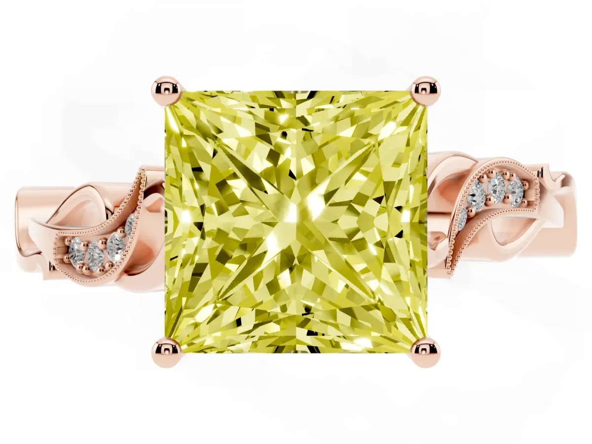 Fancy Yellow Princess Cut Solitaire Vine Band with Milgrain Prong Setting Rose gold