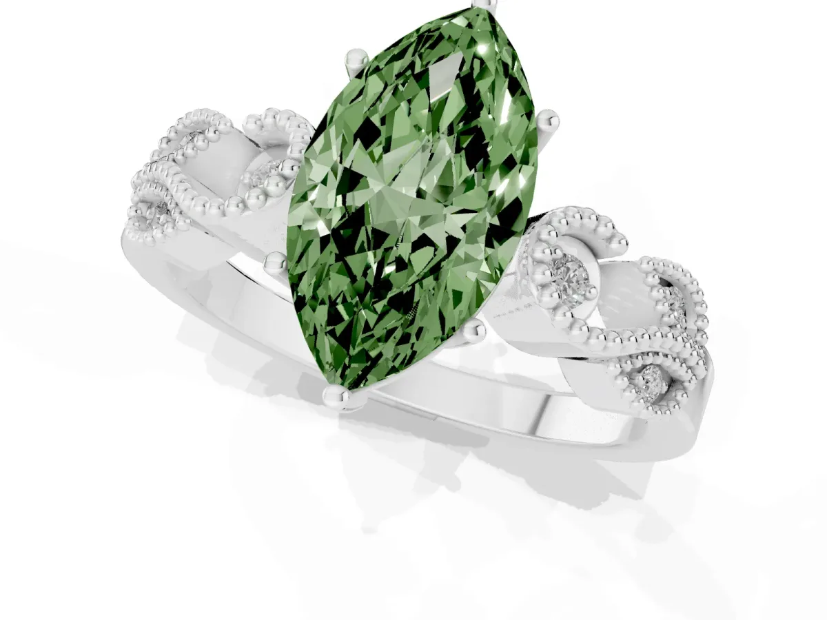 Fancy Green Marquise Cut Solitaire Milgrain Leaf Band with Prong Setting Platinum