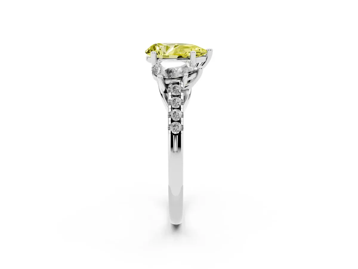 Fancy Yellow Three-Stone Pear Cut Diamond Ring with Round Pavé Band and Prong Setting Silver