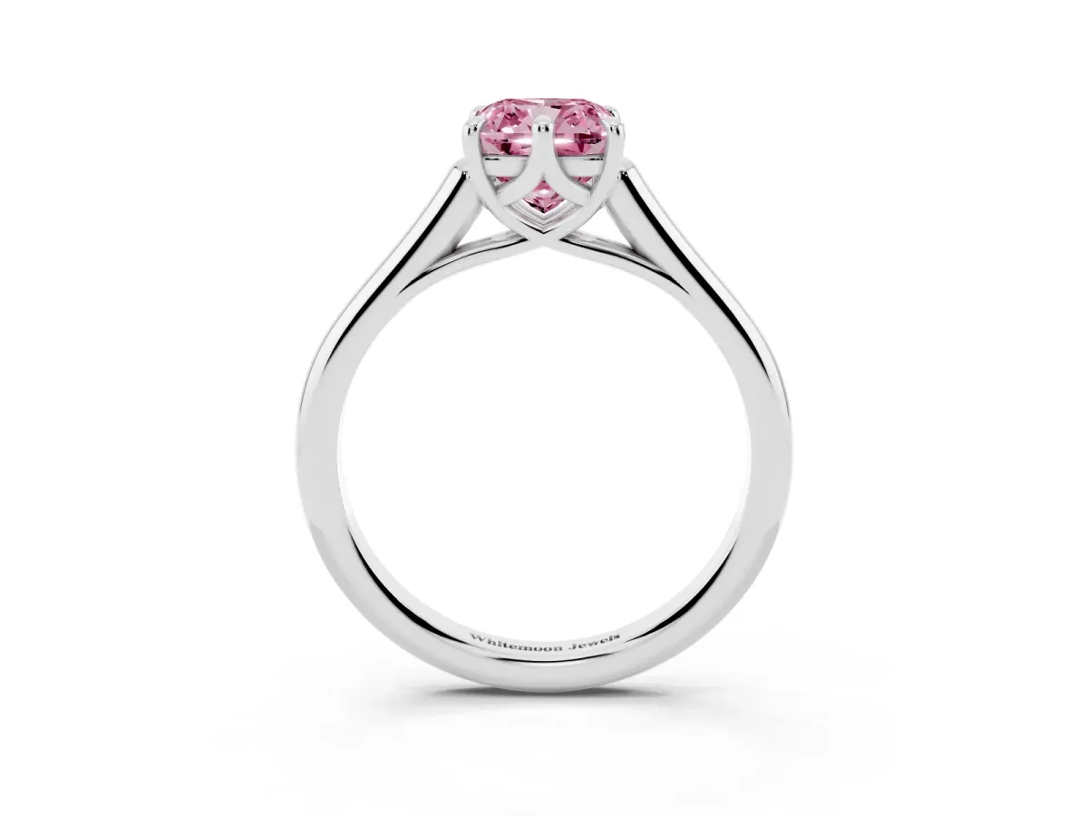 Fancy Pink Cushion Cut Solitaire Engagement Ring with Six-Prong Setting and Classic Band Platinum