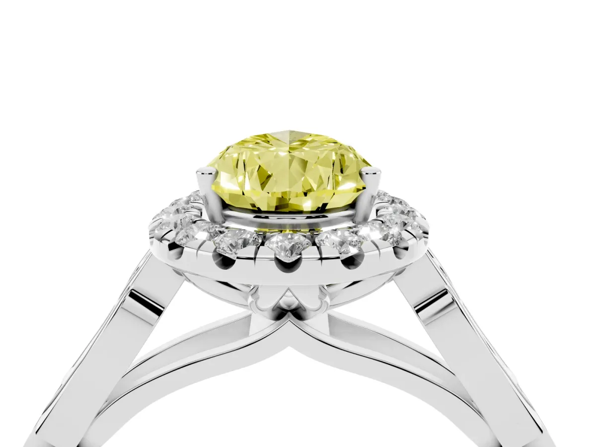 Fancy Yellow Pear Cut Halo Diamond Engagement Ring with Filigree Band and Four-Prong Setting White gold