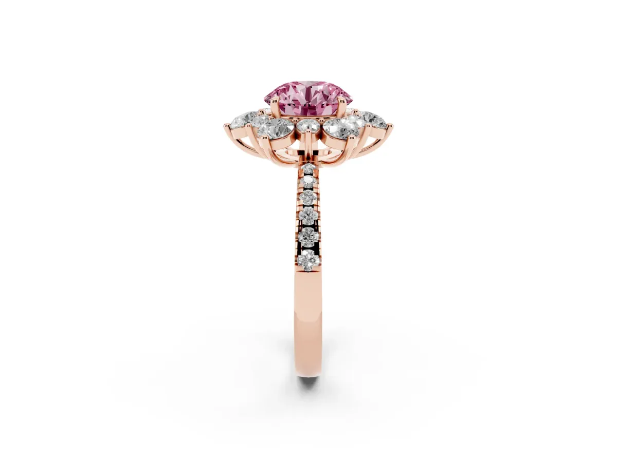 Fancy Pink Round Cut Diamond Floral Halo Ring with Round Pavé Band and Prong Setting Rose gold