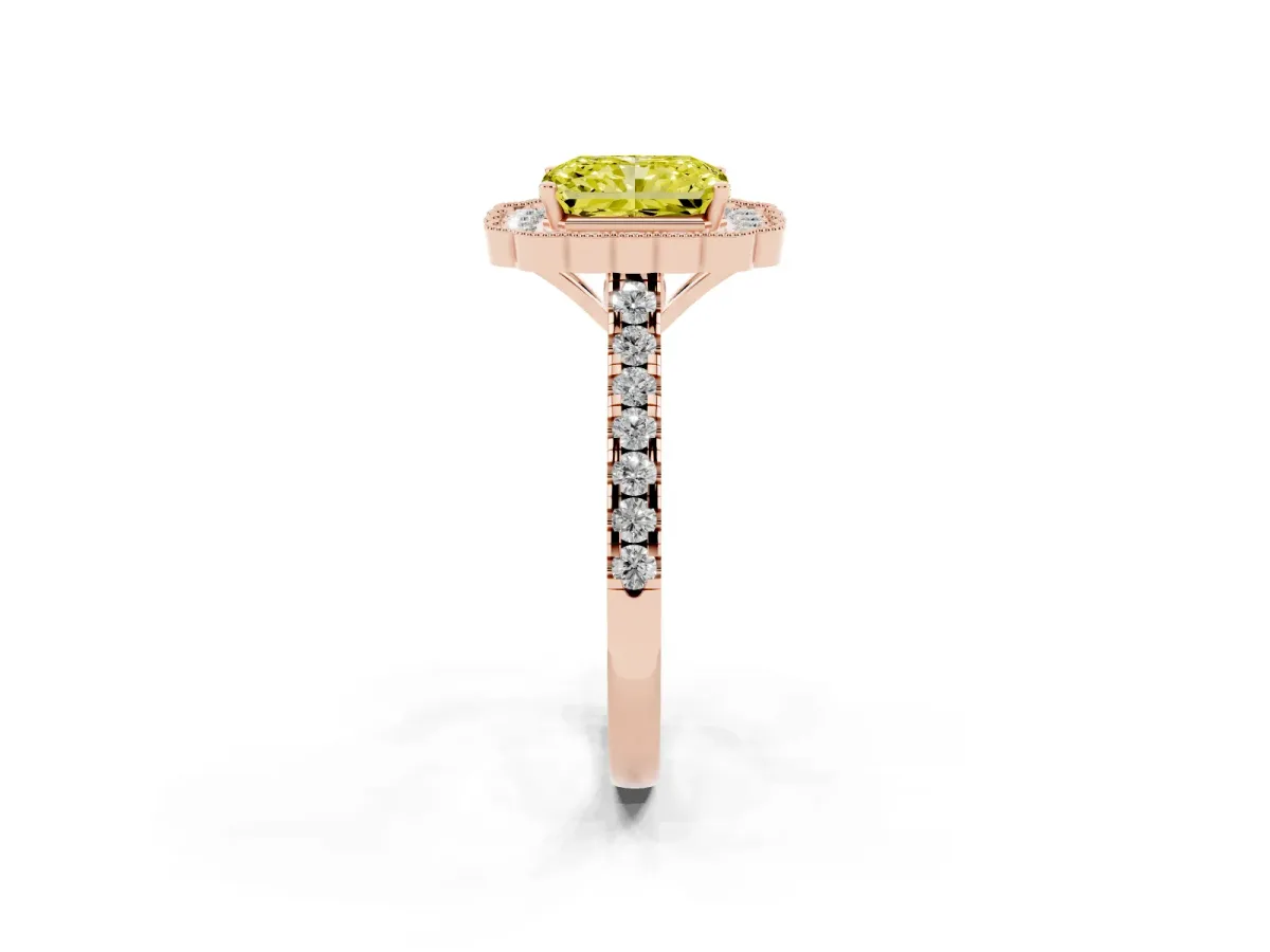 Fancy Yellow Radiant Cut Cut Diamond Milgrain Floral Halo Engagement Ring with Pavé Band Rose gold