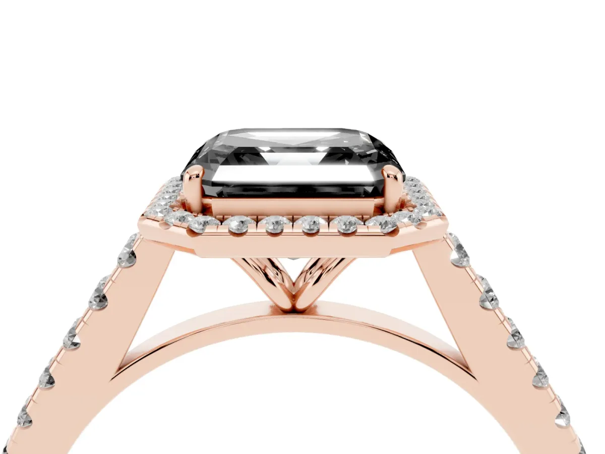 Fancy Black Asscher Cut Halo Pave Diamond Engagement Ring with Four-Prong Setting Rose gold