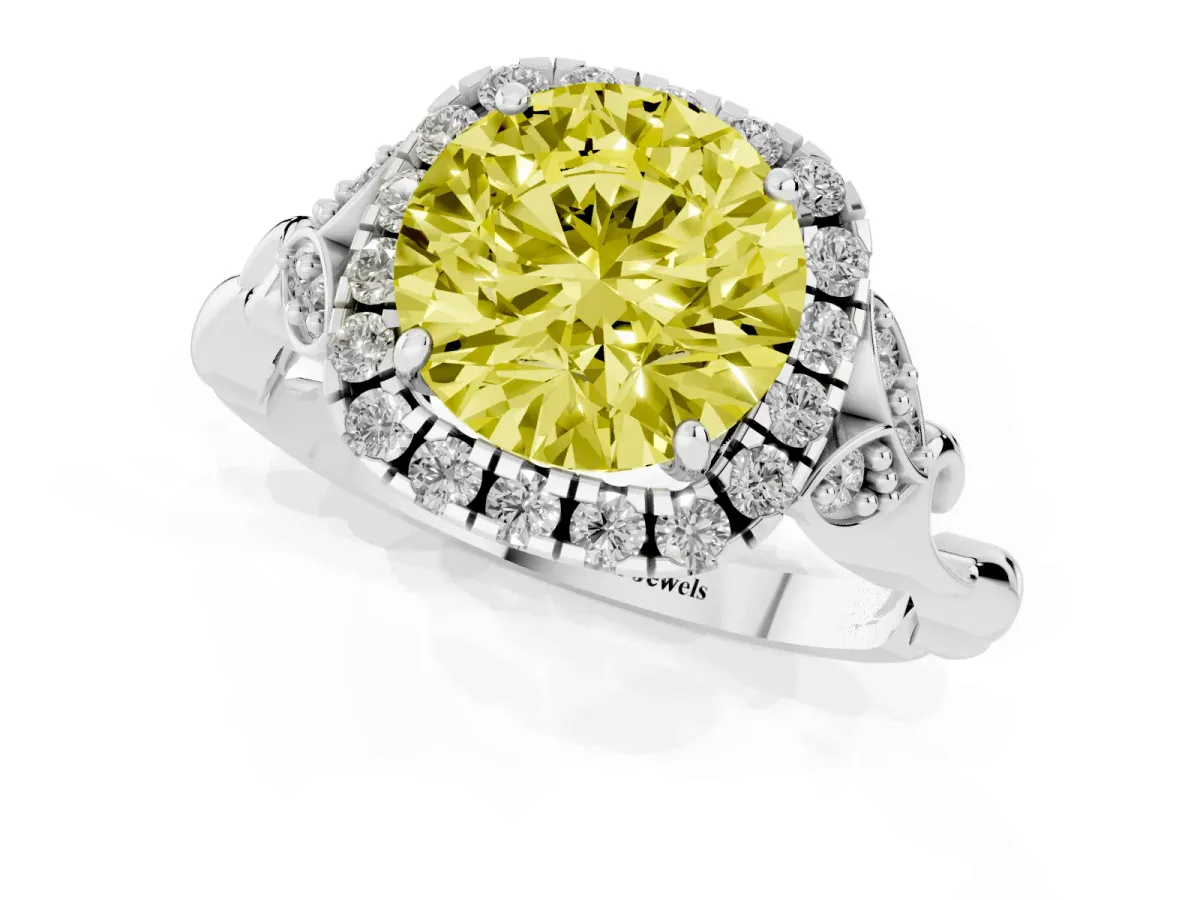 Fancy Yellow Round Cut Halo Diamond Engagement Ring with Vintage-Inspired Band and Four-Prong Setting Silver