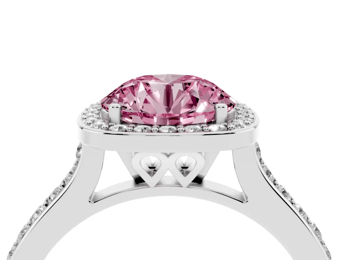 Fancy Pink Round Cut Diamond Halo Engagement Ring with Round Pavé Shoulders and Prong Setting White gold
